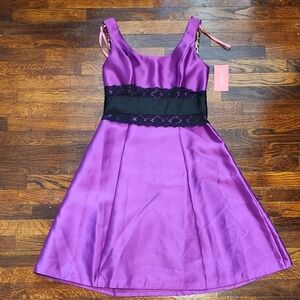 NWT Isaac Mizrahi New York Fuchsia Satin Dress with Black Lace Accents